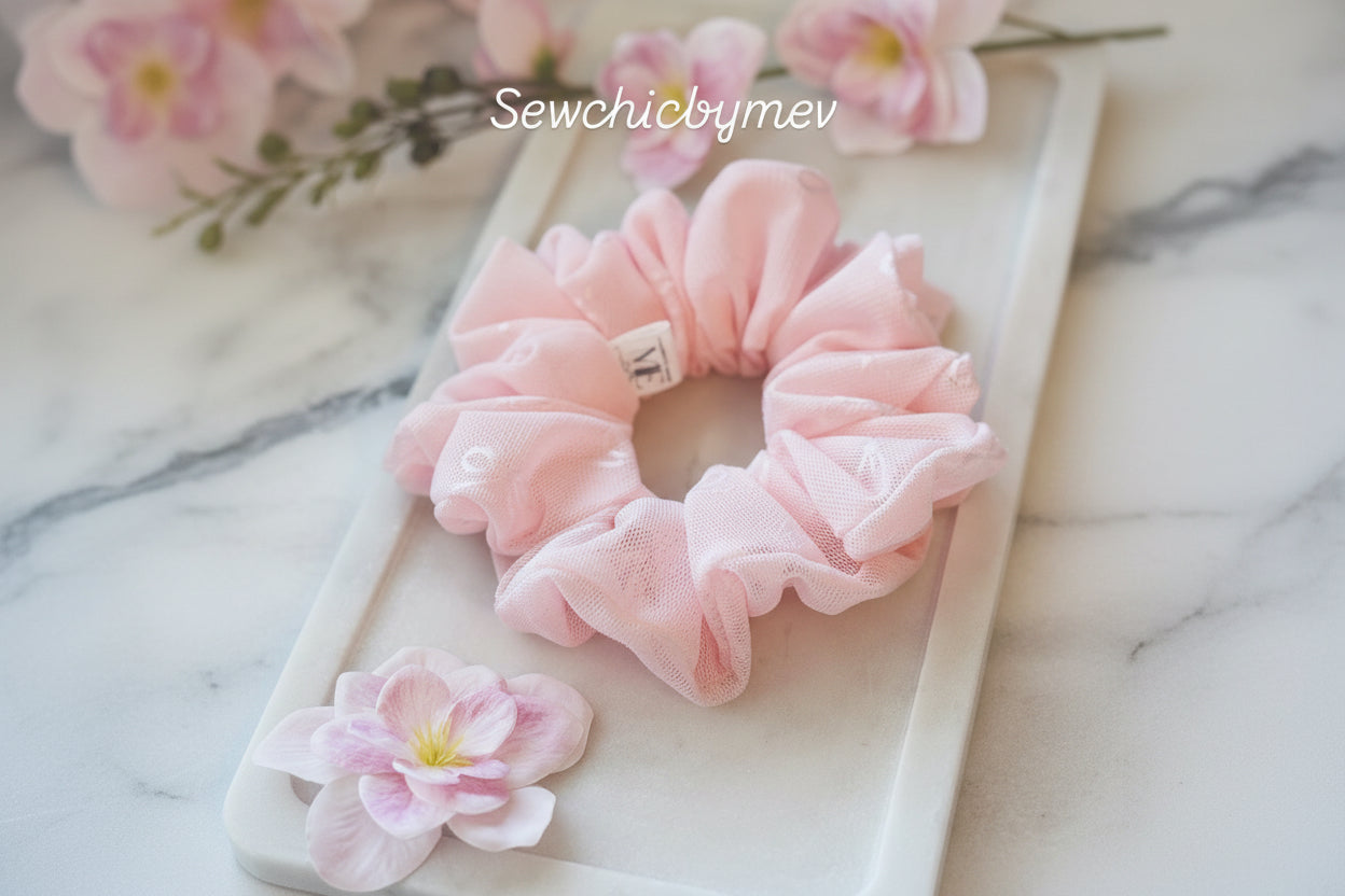 Bow on mesh pink scrunchie