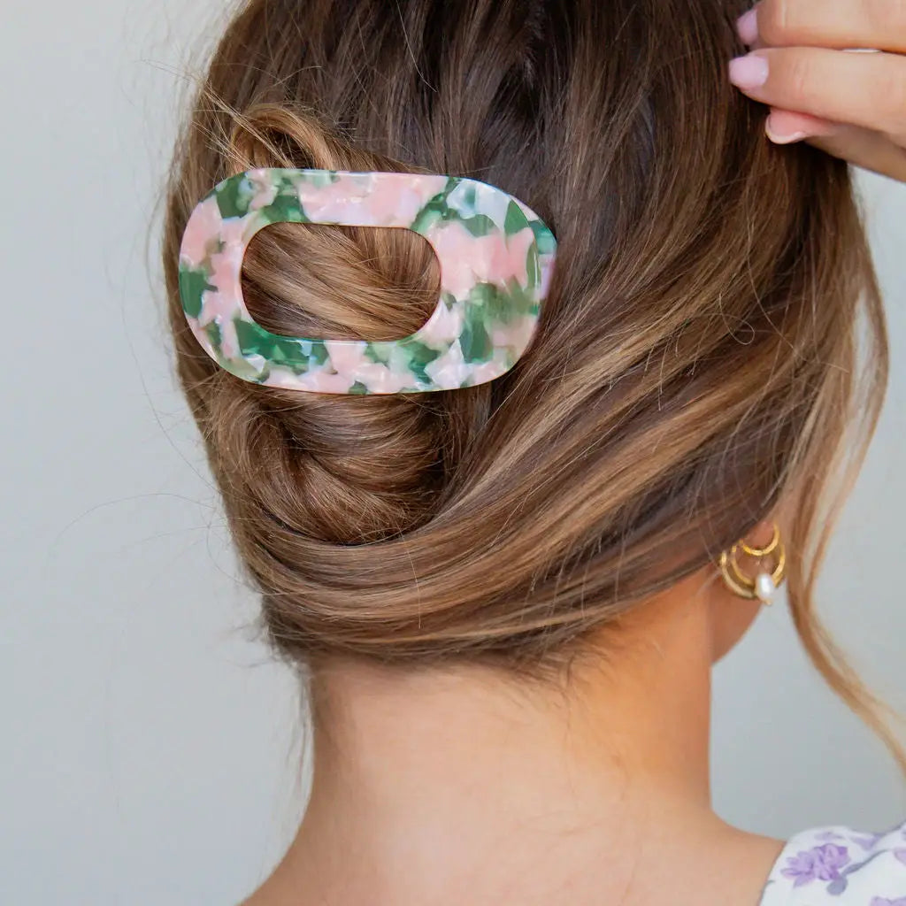 Flat Hair Clip Claw Tortoise Green and Pink Hollow