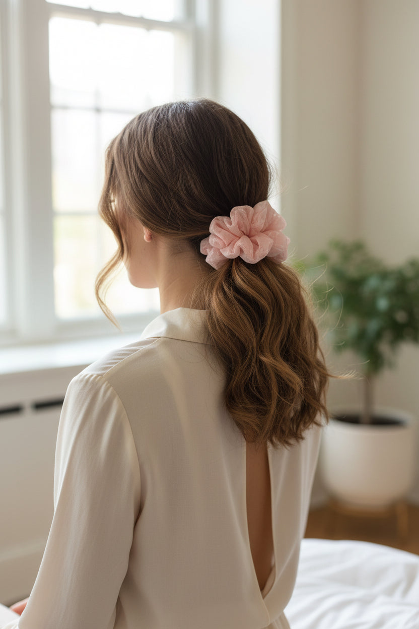 Bow on mesh pink scrunchie