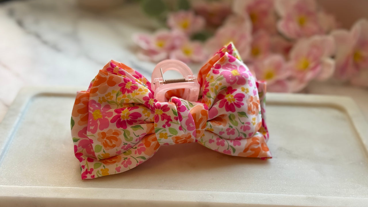 Satin Bow Claw Clip-Secret Garden Pink