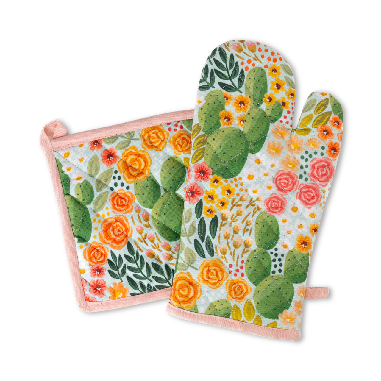 Cactus Blooms Oven Mitt + Pot Holder Set