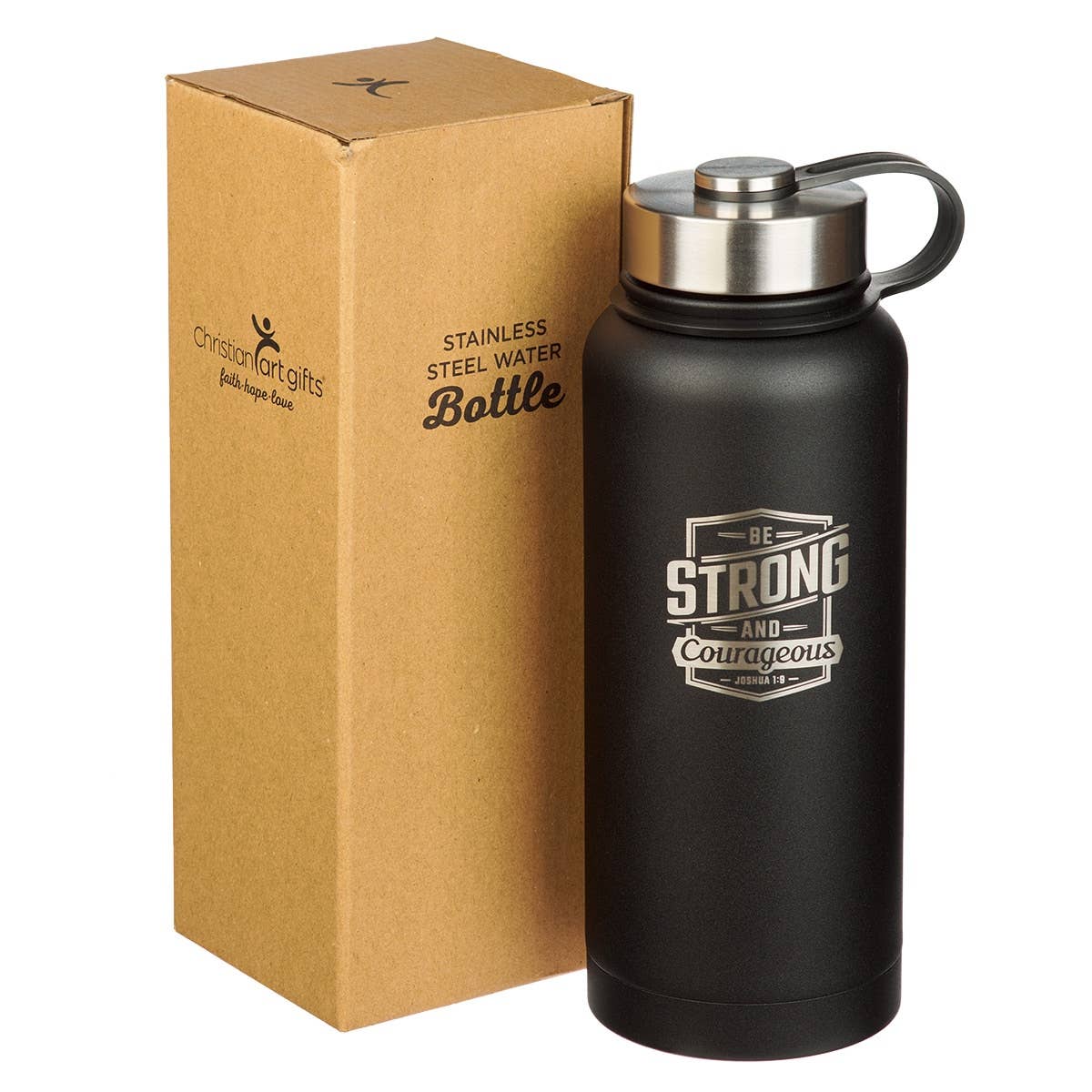 Water Bottle SS Black Be Strong and Courageous Josh. 1:9