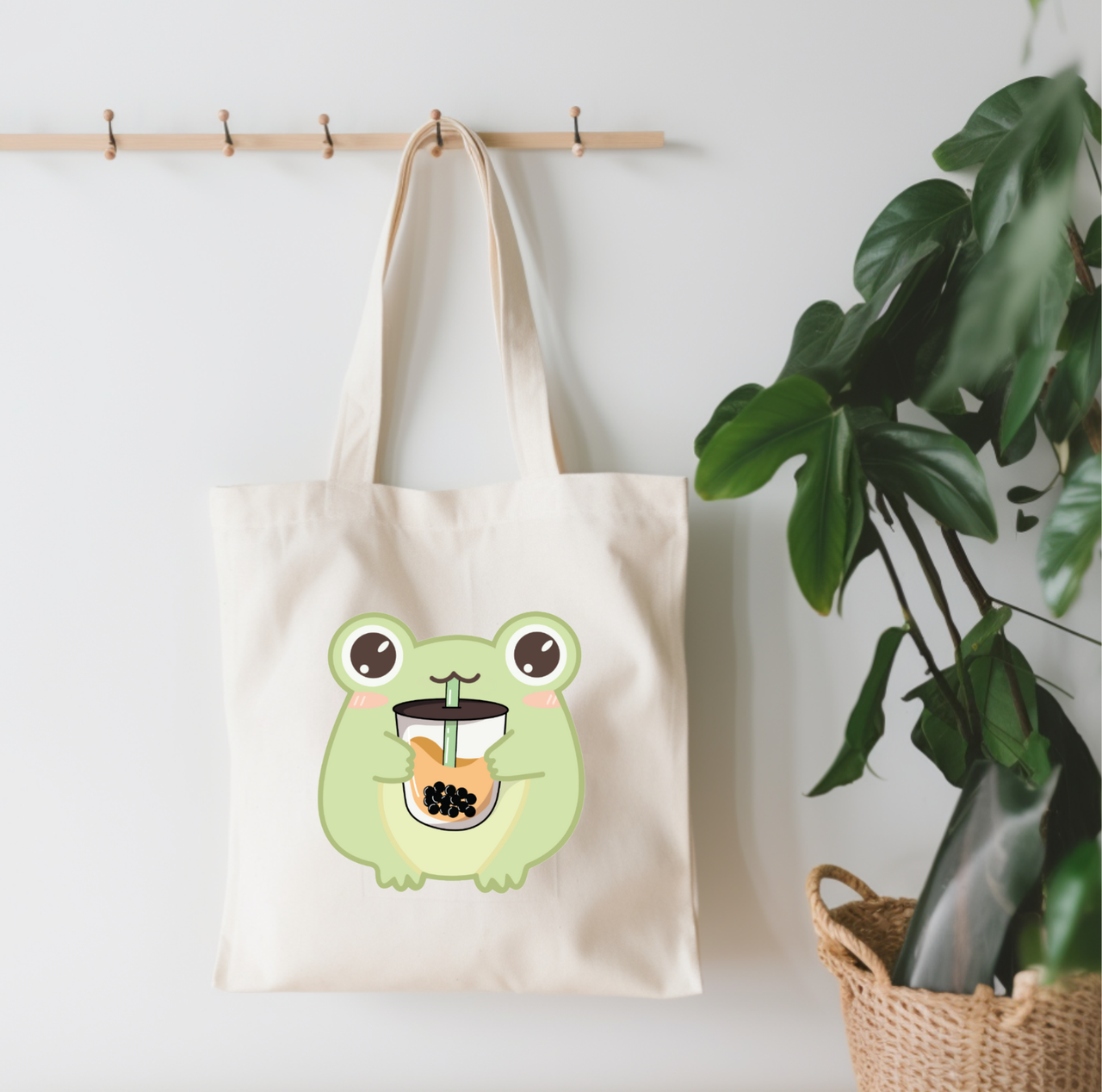 Frog With Boba Small Canvas Tote Bag